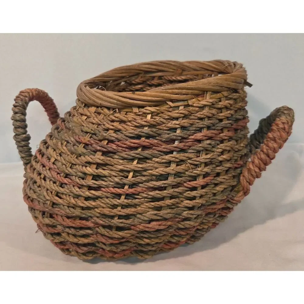 Vintage Woven Basket Planter Two Handle Rustic Boho Storage